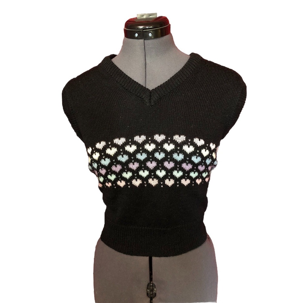 Vtg 80s Statement Sweater Vest Knit Pastel Hearts Grannycore Dark Kawaii‎ s/m